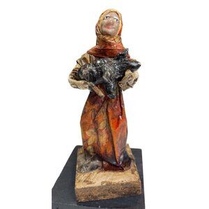 Vintage Paper Mache Old Lady Carrying a Pig Statue Figurine Wood Base 6.5 in H